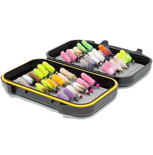 36 Premium Hand Tied Mop Flies Assortment with Waterproof Fly Box (36 Tungsten Mop Flies with Fly Box)