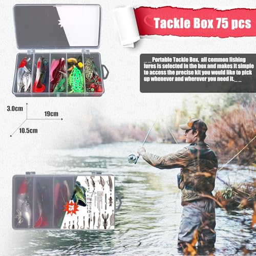 Fishing Gear fishingLure Fish Bait Soft Hard Lure Baits Tackle Box 75pcs Bass Trout Salmon Minnow Popper Crankbait Pencil Plastic Topwater Frogs Lure Lures Spinner (75pcs)