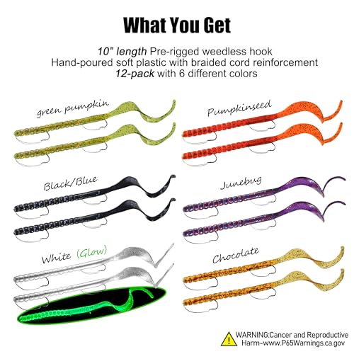 Weedless Fishing Lures Bass Lures (12 Pcs - Glow White, Pumpkin Seed, Green Pumpkin, Black Blue, Junebug, Chocolate)