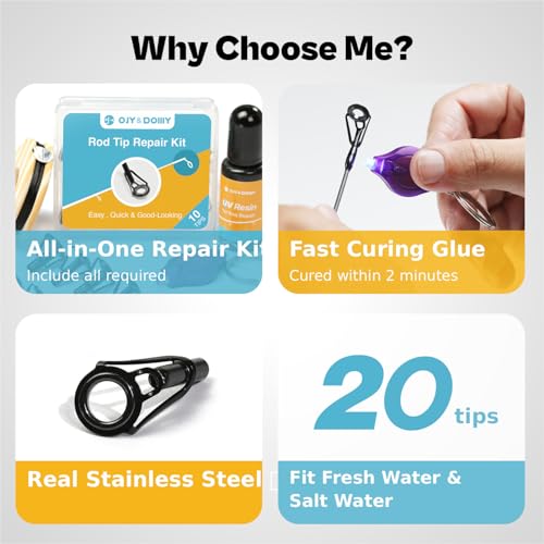 Fishing Rod Tip Repair Kit with Glue (UV-Glue-Kit / 20 Tips)