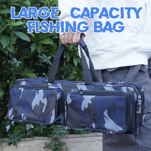 Fishing Tackle Carrier Bag with 2 Front Storage Pockets for Telescopic Rod (Blue Camo)