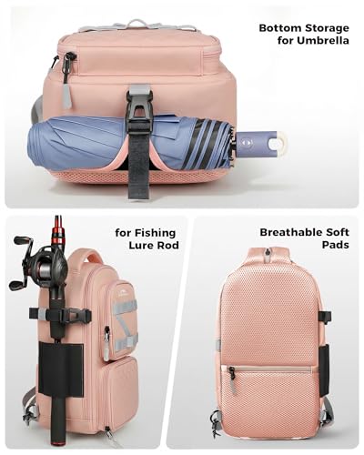 Fishing Bag with Rod Holder & Phone Pouch (Pink(2 Tackle Boxes Included) / 14.1 X 8.7 X 5.7 inches)