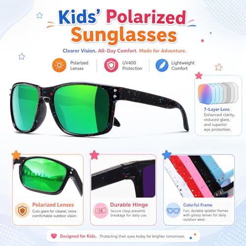3 Pack Kids Sunglasses Polarized UV Protection Shades for Boys and Girls (A02-red+blackblue+blackgreen)