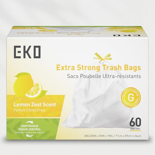 21 Gallon / 50-90 Liter, 60 Count Drawstring Trash Bags, Extra-Strong Garbage Bags, Lemon Zest Scent with Continuous Odor Control, Easy-Dispense Roll for Kitchen and Household Use, Code G, White (60 Count (Pack of 1) / 21 Gallon Bags/Code G (Lemon))