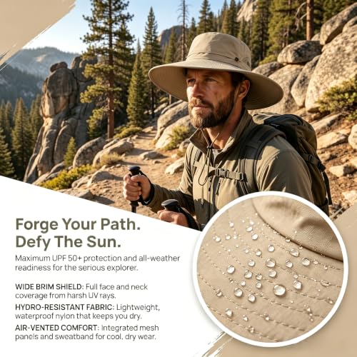 Fishing Sun Hat for Men UPF 50+ Wide Brim Boonie Hats for Summer (Khaki)