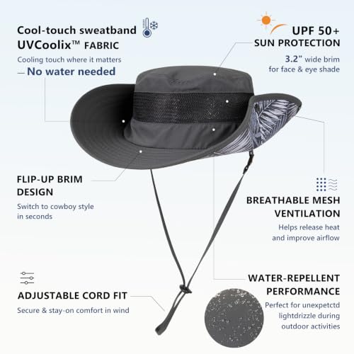 UvCoolix™ Cooling Sweatband Bucket Sun Hat Breathable Mesh Flip (Medium-Large / Darkgray-palm)