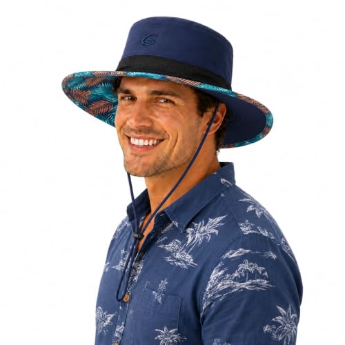UvCoolix™ Cooling Sweatband Bucket Sun Hat Wide Brim UV Protection Outdoor Beach Hiking Lightweight Breathable Waterproof Boonie Extra Space for Large Heads (X-Large-XX-Large / Navy-palm)