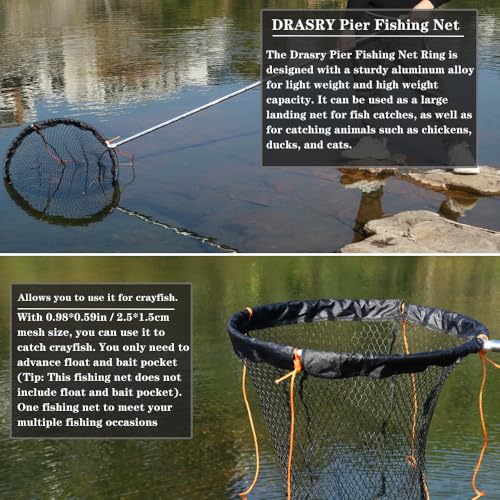 Large Collapsible Bridge Pier Fishing Net Rubber Coated Landing Net with Rod (31.5 x 31.5 x 35.4")