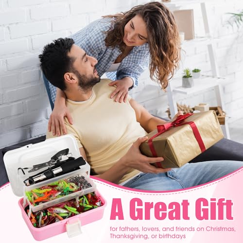 3 Layers Fishing Tackle Box 414 Pcs Fishing Gift Lures Gear Kit with Tackle Included Pliers Lip Gripper Bait Hook Accessories for Beginner Fisherman Women Men (Pink)