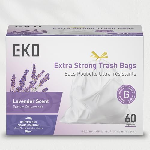 21 Gallon / 50-90 Liter, 60 Count Drawstring Trash Bags, Extra-Strong Garbage Bags, Lavender Scent with Continuous Odor Control, Easy-Dispense Roll for Kitchen and Household Use, Code G, White (60 Count (Pack of 1) / 21 Gallon Bags/Code G (Lavender))