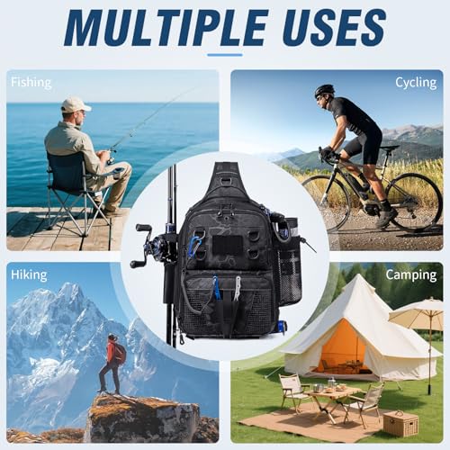 Sling Fishing Tackle Bag with Rod Holder (Black Camo)