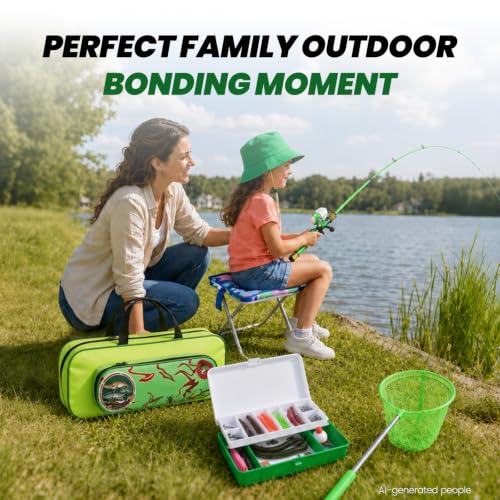 Kids Fishing Pole (Green / 3.94-ft Set + Chair + Hat)