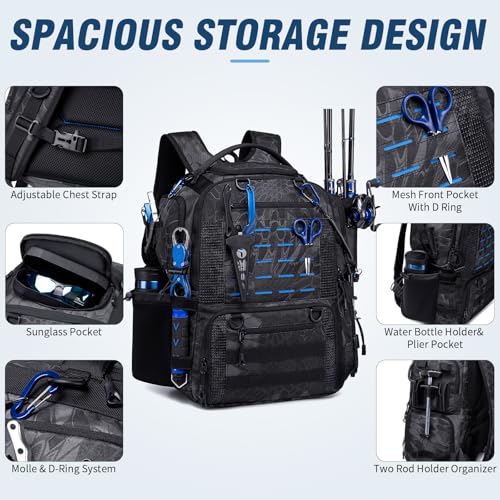 50L Fishing Backpack with Rod Holders (Black Camo)