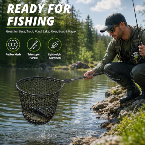 Fishing Landing Net with Telescopic Handle & Rubber Mesh (M, Hoop Size: 18″ x 16″)