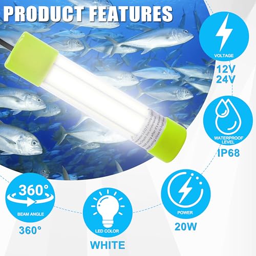 Underwater Fishing Light 20W 16000 Lumens 12V Super Bright LED Submersible Fish Bait Finder Lamp Deep Drop Night Fishing Attracting Light for Snook Crappie Squid Shrimp Prawns Boat Dock (White)