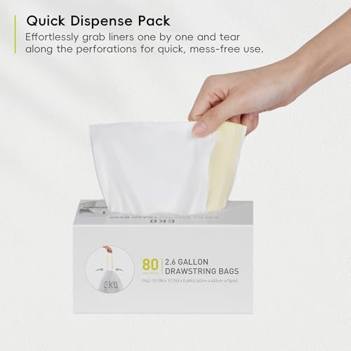 2.6 Gallon / 7-10 Liter, 80 Count Small Drawstring Trash Bags, Extra-Strong Unscented Garbage Bags, Easy-Dispense Roll for Kitchen & Household Use, Resists Tears, Leaks and Punctures, Code B White (80 Count (Pack of 1) / 2.6 Gallon Bags/Code B)
