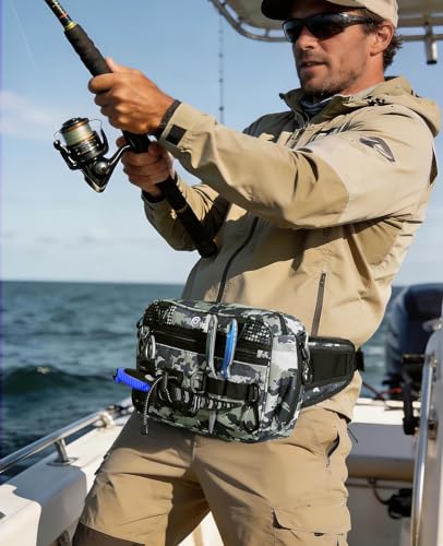 Fishing Tackle Bag Waist Pack with Rod Holder (Tactical Camo)
