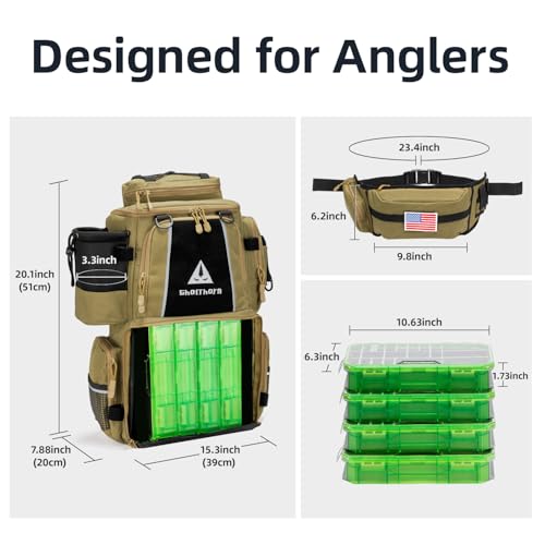 43L Fishing Tackle Backpack with 4 Tackle Boxes & Rod Holder (With 3600*4 Khaki (43l))