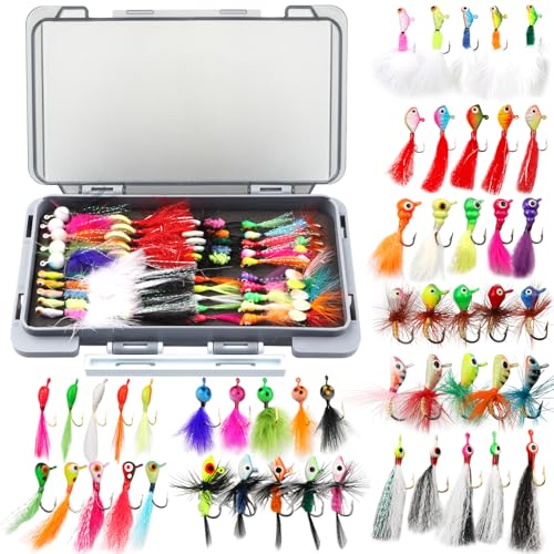 Ice Fishing Jigs Kit 100pcs Lures Bait Icefishing Set Crappie Jig Hooks Gear Accessories for Walleye Panfish with Tackle Box Gifts for Men