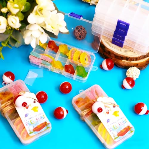 48 Set Fishing Candy Little Tackle Boxes for Birthday Party Favors with 48 Fishing Bobber 48 Thank You Cards for Making My Party Reel Fun Gone Fishing Theme Supplies Fishing Decorations