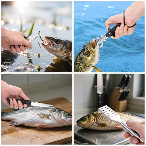 10-in-1 Fishing Pliers Kit with Line Cutter & Lip Gripper - Saltwater & Freshwater Fishing Tools for Anglers - Steel Fishing Gear with Lanyard - Portable Fishing Accessories Kit (10Pcs)