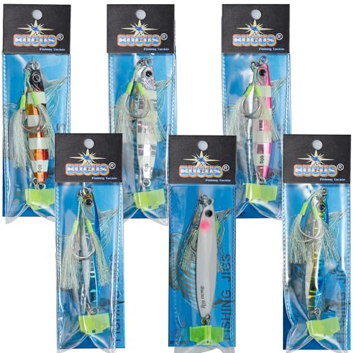 Saltwater Fishing Lures Metal Jigs Vertical Jigging Lure with Treble & Double Assist Hooks (Multi Colors (Pack of 6) / 100g/3.53oz)