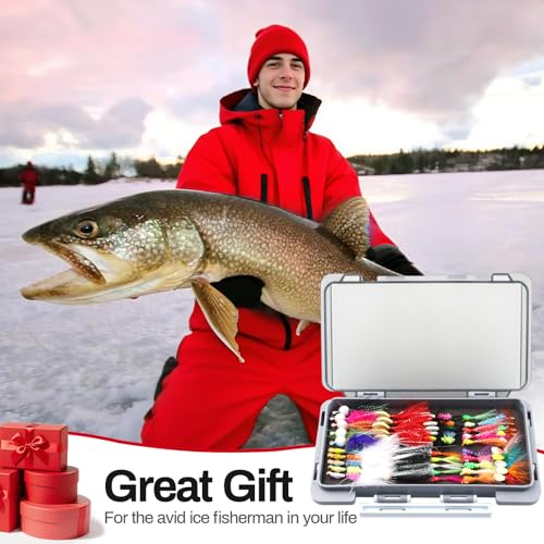 Ice Fishing Jigs Kit 100pcs Lures Bait Icefishing Set Crappie Jig Hooks Gear Accessories for Walleye Panfish with Tackle Box Gifts for Men (50pcs Fly Ice Jig with Lure Box)