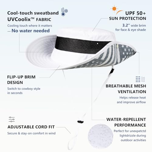 UvCoolix™ Cooling Sweatband Bucket Sun Hat Breathable Mesh Flip (X-Large-XX-Large / White-flag)