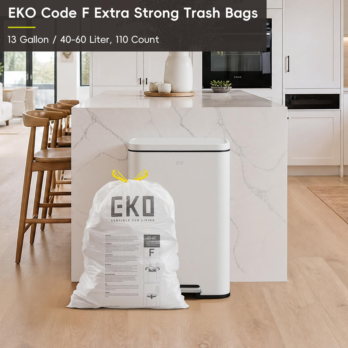 13 Gallon / 40-60 Liter,110 Count Drawstring Trash Bags, Extra-Strong Unscented Garbage Bags, Easy-Dispense Roll for Kitchen & Household Use, Resists Tears, Leaks and Punctures, Code F, White (110 Count (Pack of 1) / 13 Gallon Bags/Code F)