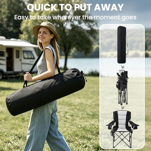 Oversized Camping Chairs for Adults 2 Pack Heavy Duty 450LBS Thick 600D Oxford Fabric Outdoor Folding Camping Chairs with Cup Holder and Ice Bag for Sports (Black & Light Gray)