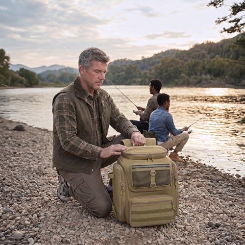 45L Fishing Backpack with Rod Holders 4 Tackle Boxes (Brown (4 Tackle Boxes Included))