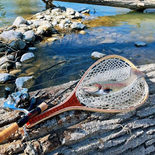 Fly Fishing Landing Net Trout Soft 23.62in Rubber Catch and Release Fish Net with Wooden Handle Frame Magnetic Fly Fish Net
