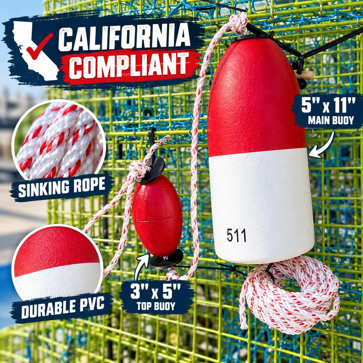 California Compliant Crab Trap Buoys (5" x 11" w/ 3" x 5" / White & Red (Cali Compliant))