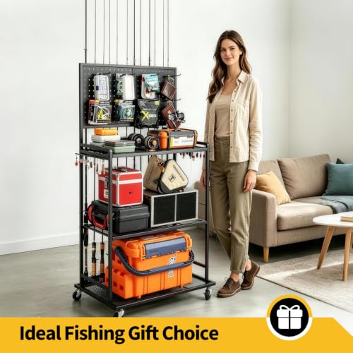 Fishing Rod Holders for Garage (Black-8 Hooks / 3-side fence large)
