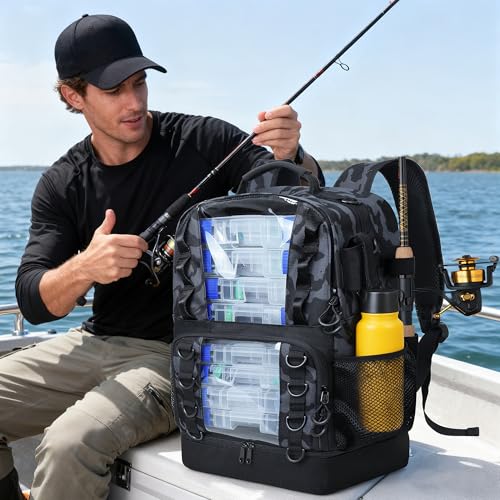 Fishing Backpack with Tackle Boxes (Camouflage Black(with Fishing Gear))