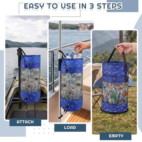 Portable Boat Trash Bag Boat Accessories Container Outdoor Medium Hoop Mesh Trash Bag Reusable Garbage Container Cabin Storage for Men Women Kayak Camper Fishing (Dark Blue / Palm Tree)