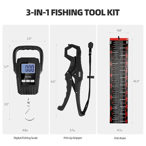 Fishing Tool Kit with Fish Gripper (Black, 3-in-1 Kit)
