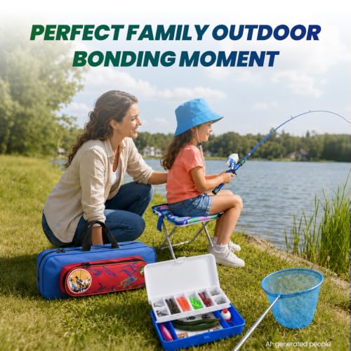Kids Fishing Pole (Blue & Green / 3.94-ft Set + Chair + Hat)