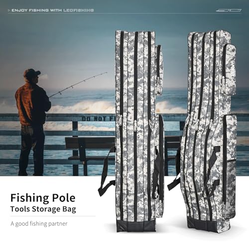 Portable 3 Layers Fishing Pole Bag Durable Oxford Folding Fishing Rod Reel Carry Case Tackle Storage Bag Case Waterproof Camouflage Travel Fishing Carrier (Grey Camouflage / 47in)
