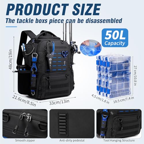 Fishing Tackle Backpack with 2 rod holders & 4 Tackle Boxes (Black(4 Tackle Boxes Included))