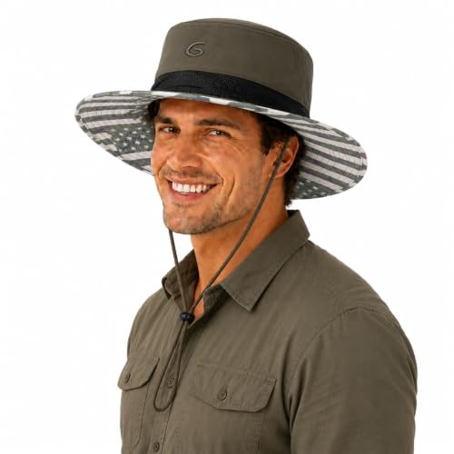 UvCoolix™ Cooling Sweatband Bucket Sun Hat Wide Brim UV Protection Outdoor Beach Hiking Lightweight Breathable Blocks Harsh Sun (Medium-Large / Armygreen-flag)