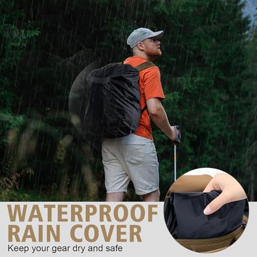 Fishing Tackle Backpack with 2 Rod Holders & Rain Cover (45L Khaki with Bottle Holder)