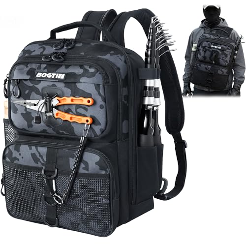 Fishing Backpack with Fish Rod & Lures Kit Lightweight 25L Tackle Bag with Fishing Gear and Tackle Boxes (Black Camo Backpack)