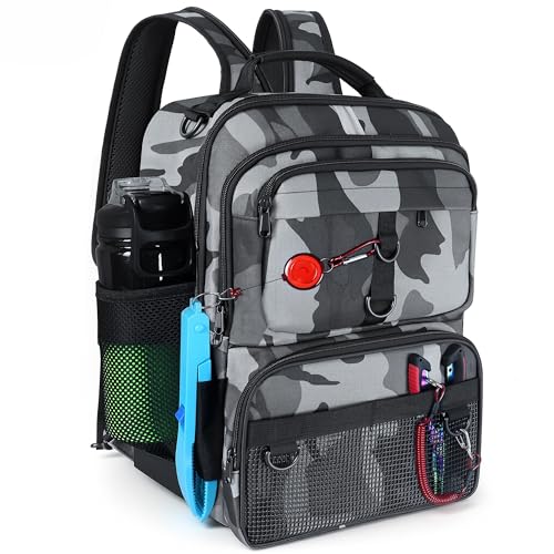 Fishing Backpack with Tackle Boxes and Rod Holder (Gray Camo Backpack)