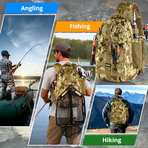Fishing Backpack with Fishing Net (Khaki Camo Backpack With Fishing Net)