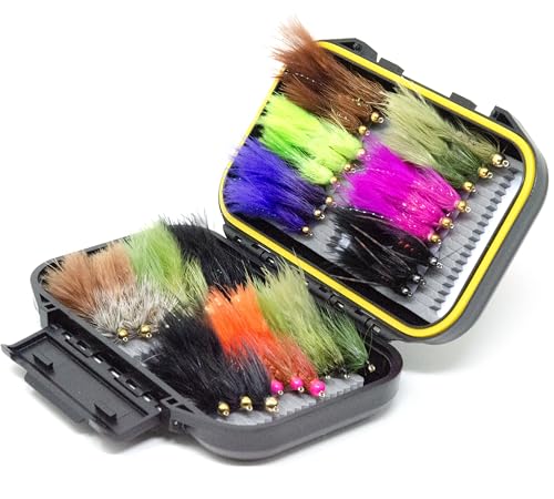36 Beadhead and Cone Head Wooly Bugger Fly Assortment with Waterproof Fly Box for Trout (36 Woolly Bugger+Fly Box)