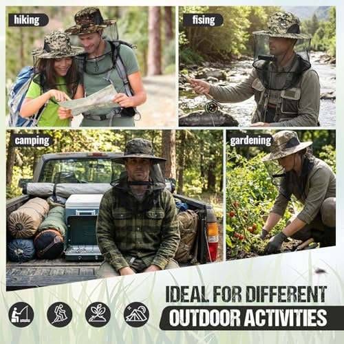 8 Pcs Mosquito Head Net Hat Sun Hat Mesh Fishing Bucket Cap Garden Bug Cap Face Cover with Zipper for Men Women (Camo Colors)