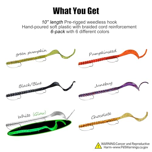Weedless Fishing Lures Bass Lures (6 Pcs - Glow White, Pumpkin Seed, Green Pumpkin, Black Blue, Junebug, Chocolate)