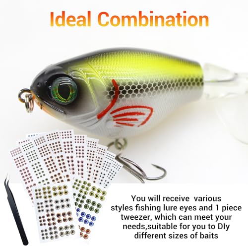 1608 Pieces 3D 4D 5D Fishing Lure Eyes Assortment with 1 Piece Tweezer for Making Fish Bait Fly Tying Streamers Crafts DIY Accessory (1608pcs)