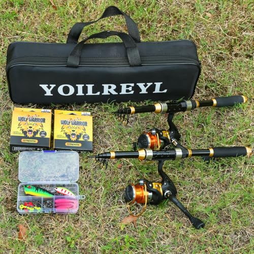 Fishing Rod and Reel Combo Telescopic Fishing Pole 2PCS Reel Set with Collapsible Poles and Carry Bag Portable Travel Freshwater and Saltwater Fishing Starter Kit (ï¼ 2 packï¼ Black and Gold / 5.9FT)